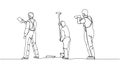 Set of puttying walls, leveling walls, worker in uniform, spatula, Steel Trowel, painter one line art. Continuous line