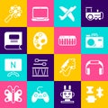 Set Puzzle pieces toy, Headphones, Photo camera, Toy plane, Palette, Book, Rattle baby and Music synthesizer icon Royalty Free Stock Photo