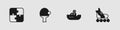 Set Puzzle pieces toy, Racket and ball, Toy boat and Roller skate icon. Vector Royalty Free Stock Photo