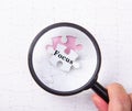 Set of puzzle pieces with word of Focus background