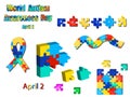 A set of puzzles from ribbons and inscriptions with World Autism Day. Vector illustration on isolated background. Royalty Free Stock Photo