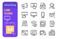 Set 64px advertising simple lines icons of banners and communication.