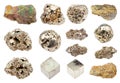 Set of Pyrite iron pyrite, fool`s gold crystals