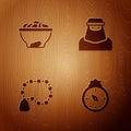 Set Qibla, Date fruit in bowl, Rosary beads religion and Muslim woman niqab on wooden background. Vector