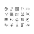 Set of QR Code, barecode vector line icons. Contains icons such as wireless RFID chip and radio-frequency identificationscanner,