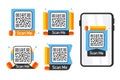 Set of QR code stickers flanked by pencils, with Scan Me text, designed for interactive engagement
