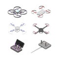 Set of quadcopters and aerial drones. Unmanned aircrafts with controllers. Electronics drones for surveillance, delivery Royalty Free Stock Photo