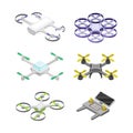 Set of quadcopters and aerial drones. Unmanned electronics aircrafts for surveillance, delivery, military and medical Royalty Free Stock Photo