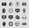Set Question and Answer, Headphones, Location with gear, Checklist 24 hours service, Clock, Mobile question, Browser