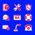 Set Question and Answer, Microphone, Telephone 24 hours support, Lifebuoy, New, email incoming message, Speech bubble