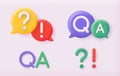 Set of question and answers concept in cartoon 3d style. QA letters - qustions and answers section icon. 3D Web Vector Royalty Free Stock Photo