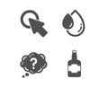 Question mark, Click here and Oil drop icons. Whiskey bottle sign. Quiz chat, Push button, Serum. Vector Royalty Free Stock Photo