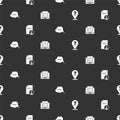 Set Question mark, Resume, Speech bubble chat and Hand like on seamless pattern. Vector
