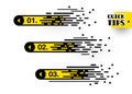 Set of quick tips, list helpful tricks, tooltip, hint for website. Black-yellow banners with useful information, support