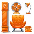 Set of quilted leather chair orange color, table lamp, fan, grandfather clock and telephone. Furniture for interior