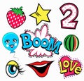 Set of quirky cartoon patch badges or fashion pin . Strawberry, two, boom, love, heart, eye, watermelon, star. Royalty Free Stock Photo