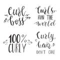 Set of 4 quotes about curly hair, hand lettered sayings