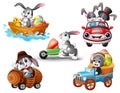 Set of rabbit cartoon driving of vehicle