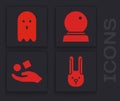 Set Rabbit with ears, Ghost, Magic ball and Cube levitating above hand icon. Vector