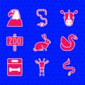 Set Rabbit, Giraffe head, Snake, Swan bird, Dog bone, Zoo park, Rhinoceros and Eagle icon. Vector