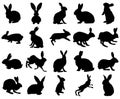 Set of rabbit silhouettes, isolated on white background