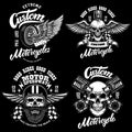 Set of racer emblem templates with motorcycle motor, wheels. wings. Design element for logo, label, emblem, sign, poster, t shirt Royalty Free Stock Photo