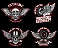 Set of racer emblem templates with motorcycle motor, wheels. wings. Design element for logo, label, emblem, sign, poster, t shirt