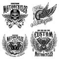 Set of racer emblem templates with motorcycle motor, wheels. wings. Design element for logo, label, emblem, sign, poster, t shirt Royalty Free Stock Photo