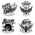 Set of racer emblem templates with motorcycle motor, wheels. wings. Design element for logo, label, emblem, sign, poster, t shirt