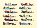 Set of racing bolid. A collection of sports cars. Quick transport. Powerful engine. Aerodynamic body. Stickers, labels