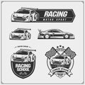 Set of Racing club emblems, labels and design elements. Speeding racing cars illustrations. Royalty Free Stock Photo