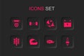 Set Racing helmet, Chassis car, Medal, Wheel fire flame, Car battery, spark plug, and traffic light icon. Vector