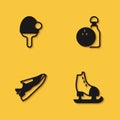 Set Racket, Skates, Fitness sneakers shoes and Bowling pin and ball icon with long shadow. Vector Royalty Free Stock Photo