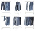 Set with racks of different jeans on background