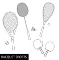 Set of racquet sports in outline design - equipment for tennis, table tennis, badminton and squash - rackets and balls Royalty Free Stock Photo