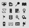 Set Radar, Location, Push pin, City map navigation, Route location, and Toll road traffic sign icon. Vector Royalty Free Stock Photo