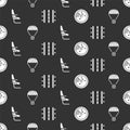 Set Radar with targets on monitor, Box flying on parachute, Airplane seat and Airport runway on seamless pattern. Vector