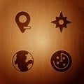 Set Radar with targets on monitor, Location, Earth globe and Wind rose on wooden background. Vector Royalty Free Stock Photo