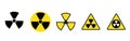 Set of radiation hazard signs. Radiation, round and triangular signs. Radioactive threat alert.