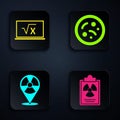 Set Radiation warning document, Square root of x glyph, Radioactive in location and Bacteria. Black square button