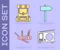 Set Radio with antenna, Hiking backpack, Swiss army knife and Road traffic signpost icon. Vector