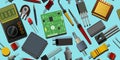Set of radio components. Background picture. Scattered on table. Seamless pattern. Element for radio circuit