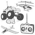 Set of radio controlled machine emblems, RC, radio controlled toys design elements for emblems, icon, tee shirt , related emblems, Royalty Free Stock Photo