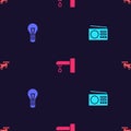 Set Radio, Light bulb, Water tap and Drone flying on seamless pattern. Vector Royalty Free Stock Photo