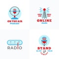 A set of Radio Vector Emblems. Abstract Broadcast Tower, Podcast or Stand Up Comedy Microphone Signs or Logo Templates