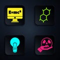 Set Radioactive, Equation solution, Light bulb with concept of idea and Chemical formula. Black square button. Vector Royalty Free Stock Photo