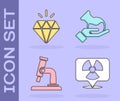 Set Radioactive in location, Diamond, Microscope and Test tube and flask icon. Vector