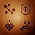 Set Radioactive, Molecule, Diamond and Shield protecting from virus on wooden background. Vector