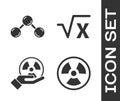 Set Radioactive, Molecule, Radioactive and Square root of x glyph icon. Vector