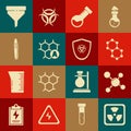 Set Radioactive, Molecule, Test tube and flask chemical, Chemical formula, Tweezers, Funnel filter and Biohazard symbol